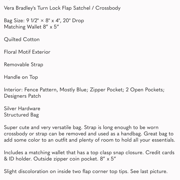 Vera Bradley Julia Versailles Turn Lock Flap Satchel Crossbody Matching Wallet - Picture 4 of 16